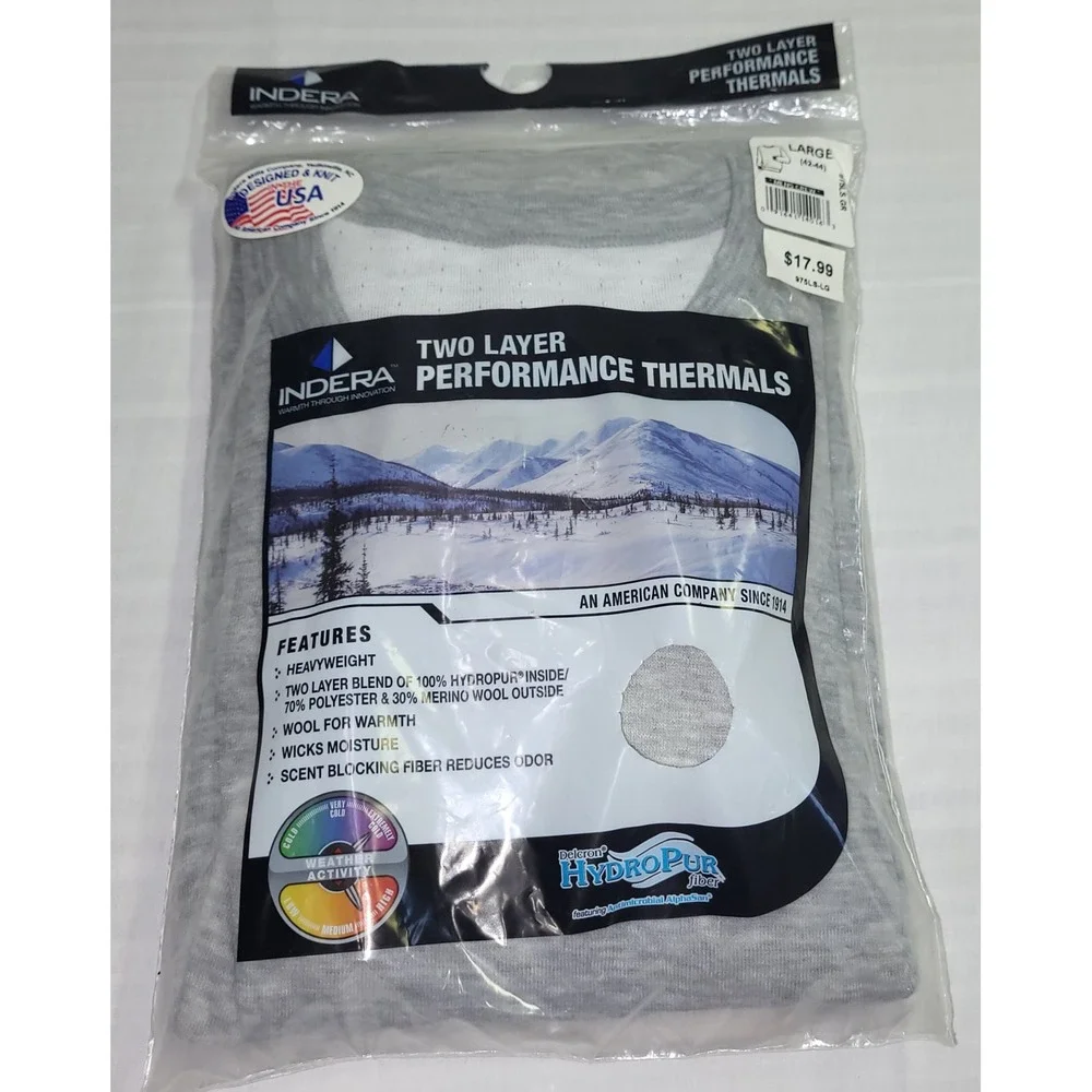 Indera Performance Thermals Mens Large Grey NEW Two Layer Merino Wool Base Layer